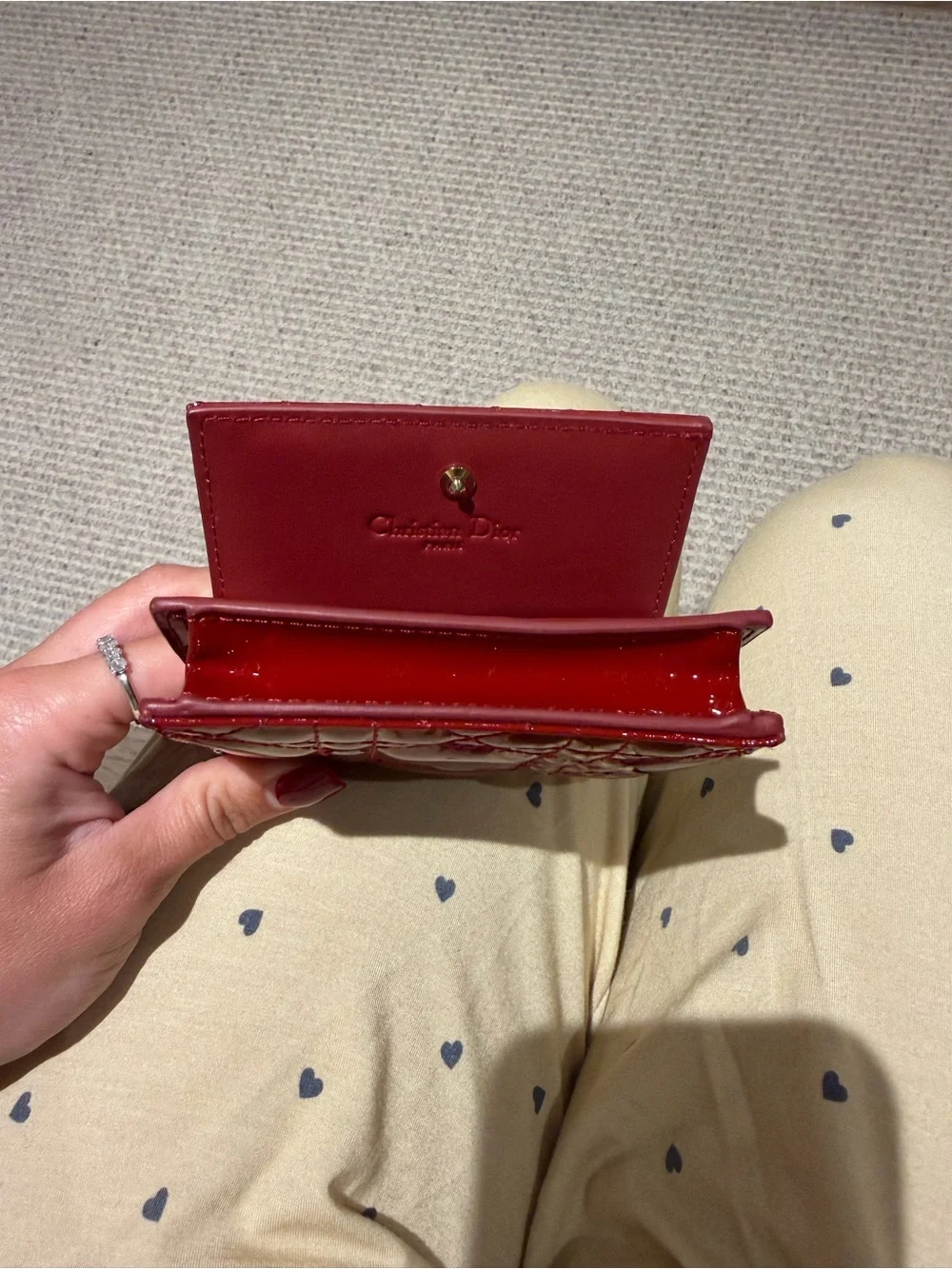 Dior Red Patent Leather Quilted Card Holder with Gold Hardware